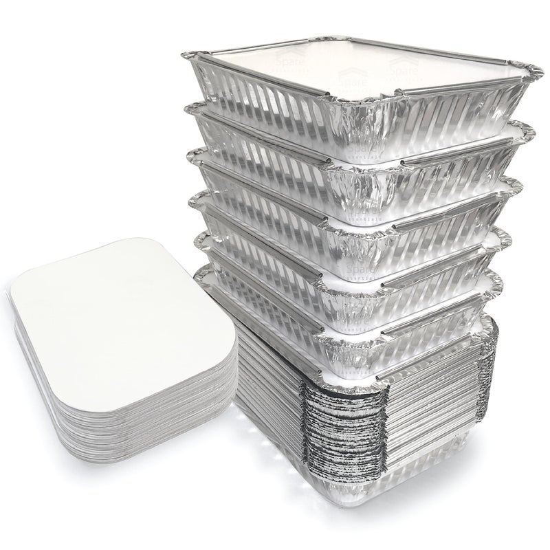Spare Essentials 55 Pack - 2.25 LB To Go Aluminum Containers with Lids - Heat Proof Foil Tins for Meal Prep, Take Out, Freezer Meals - Image 1